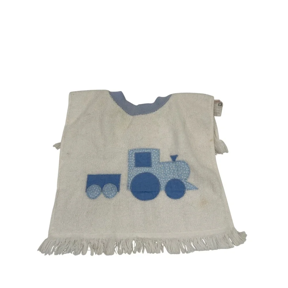 Cannon Train Tractor Bib OS White Blue Applique Fringe Cotton Kids